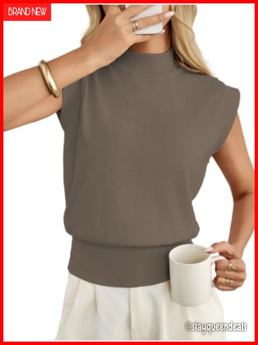 Womens Mock Neck Sweater Vest Cap Sleeve Knit Top Office Casual